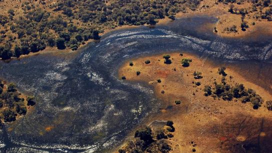 Aerial view of the waters on a section of the southern Okavango Delta, Botswana.