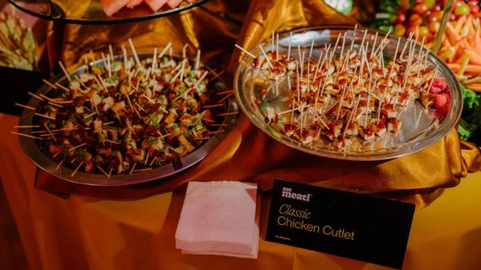 Vegan chicken cutlet samples served at an awards ceremony for the winners of Nectar’s taste tests — products that received the same or better score as their animal counterparts from at least half of the participants.