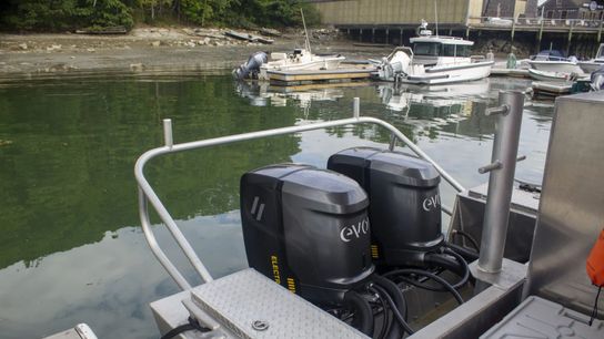 Heron, Maine Ocean Farms’ new electric boat, is equipped with two all-electric outboards that they purchased with funding from a U.S. Department of Energy grant.