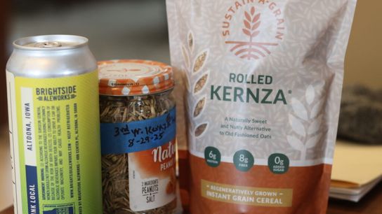 Lee Tesdell grows the perennial grain Kernza on his farm north of Des Moines. Tesdell has his Kernza grain, pictured in the middle, processed into what he calls flakes, pictured on the right, which can be eaten as a cereal replacement, or brewed into beer, pictured on the left.