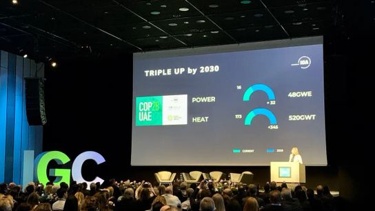 Marit Brommer of the International Geothermal Association presents at the Iceland Geothermal Conference in Reykjavík on May 29, 2024.