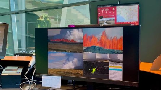 A live video feed of volcanic eruptions near Sýlingafell is shown on a computer monitor at the Hellisheidi geothermal power plant on May 29, 2024. A live video feed of volcanic eruptions near Sýlingafell is shown on a computer monitor at the Hellisheidi geothermal power plant on May 29, 2024.