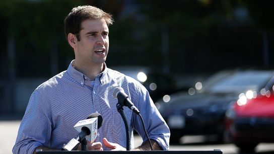 JB Straubel, then-Tesla Motors chief technical officer, speaks in 2013 during a ribbon-cutting for a new Supercharger station outside of a Tesla factory in Fremont, California.