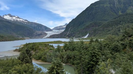 The Mendenhall Glacier overlooks a residential neighborhood in Juneau.