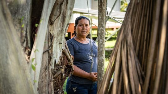 Llona Castillo stands beside the aguaje at the processing plant, where more and more women are taking part in the work.